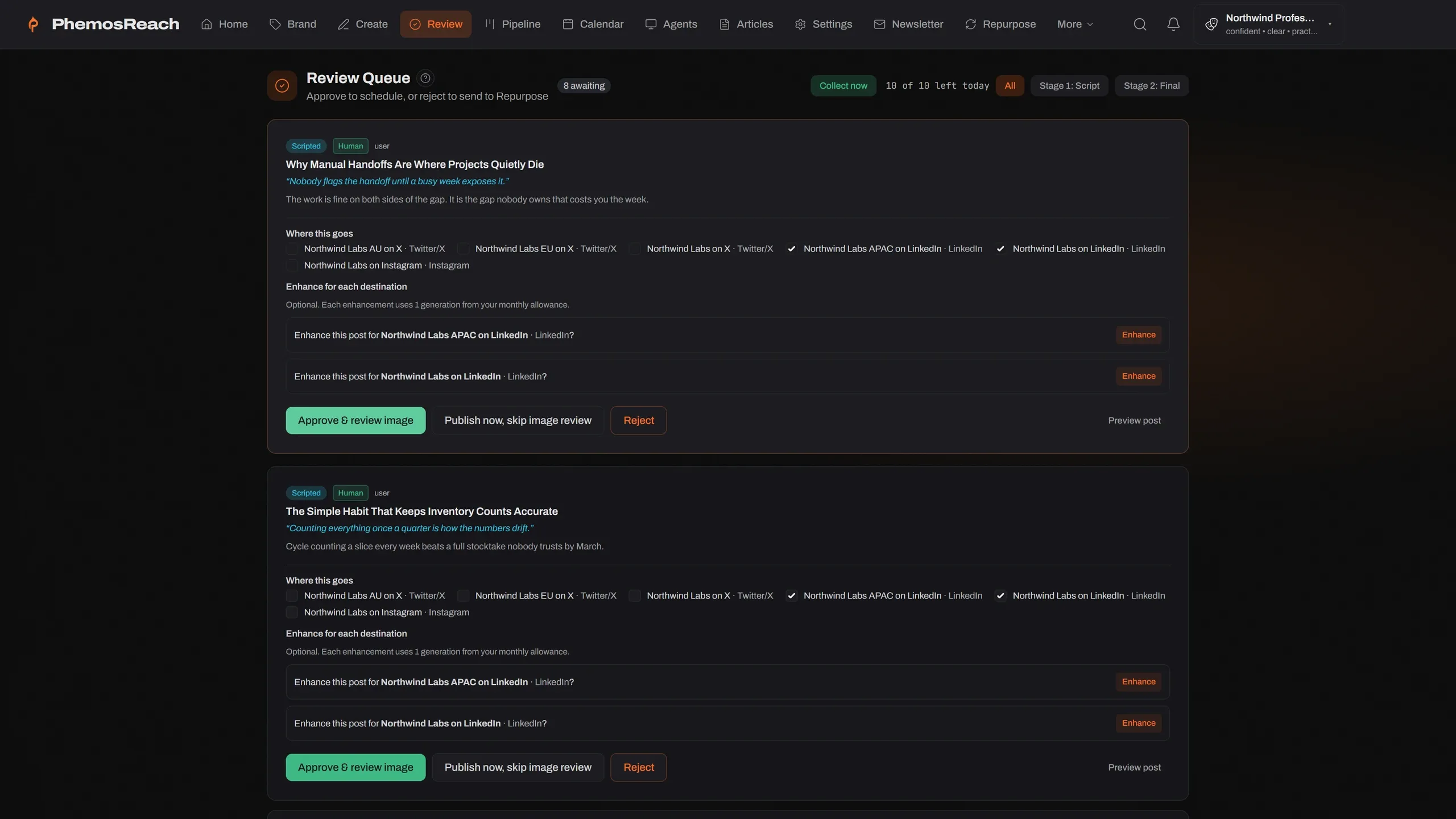 The PhemosReach review queue: three drafted posts waiting, each with its headline, hook and the channels it will go to, and the Approve button lit on the first.