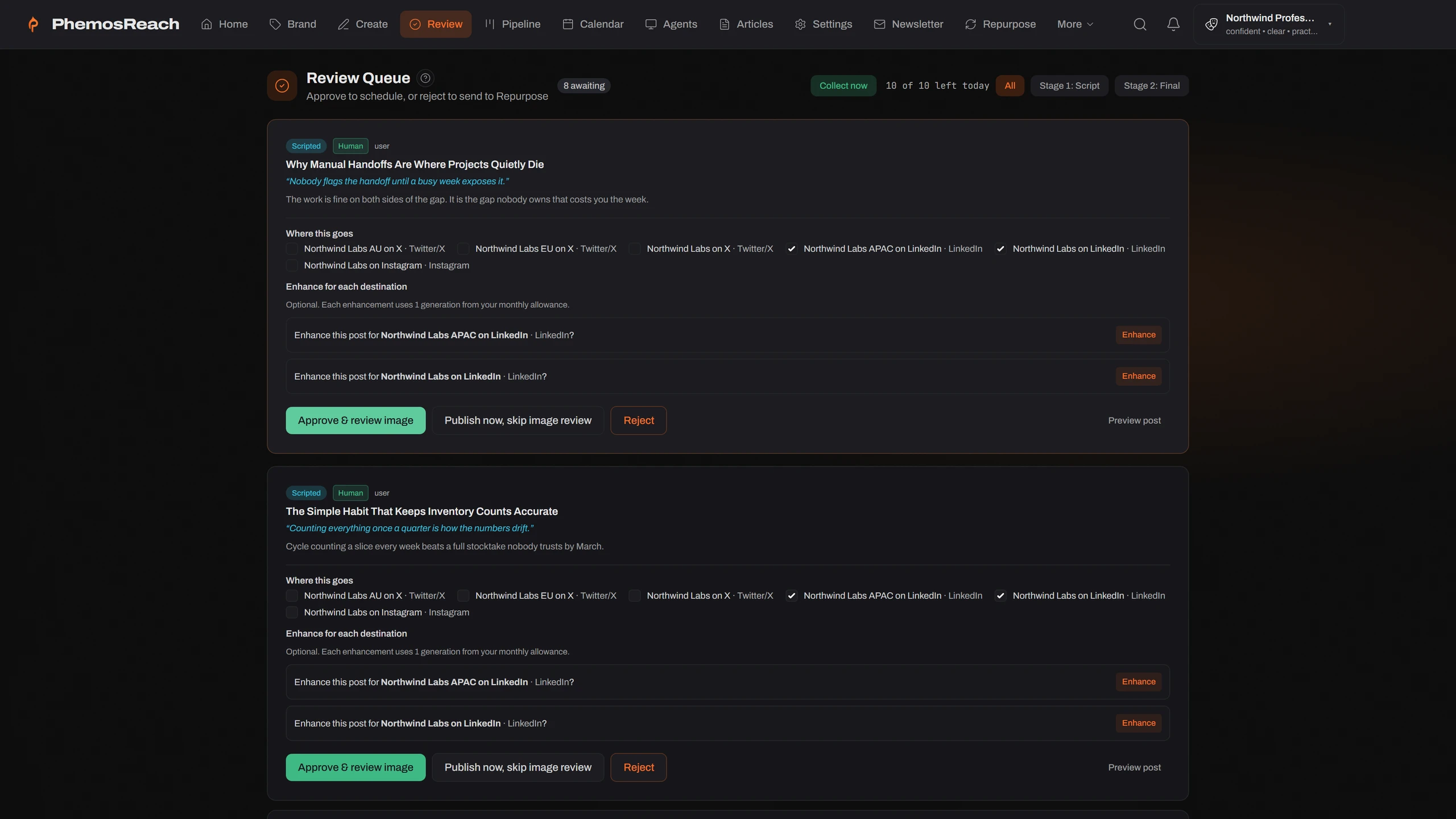 The PhemosReach review queue: three drafted posts waiting, each with its headline, hook and the channels it will go to, and the Approve button lit on the first.